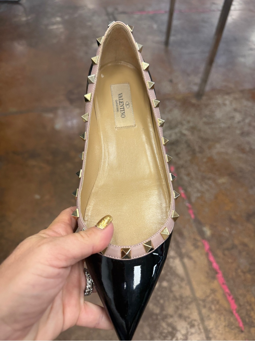 Valentino Black Patent Pointed Rockstud Flat with Pink Trim